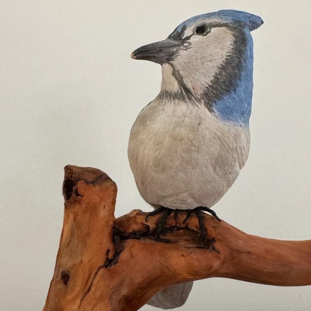 Source Unknown Hand-Painted Blue and White Jay Figurine on Wood Perch